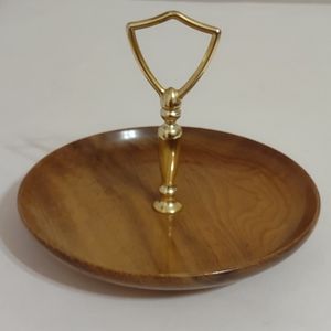 Vintage Mid Century Myrtlewood Tidbit Tray with Gold Handle
